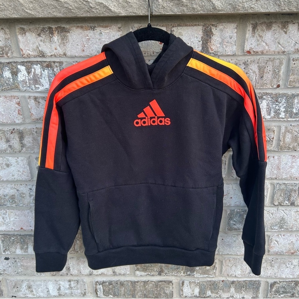 Adidas Youth Black Hoodie w/ Red & Orange Stripes | Size M (10/12)